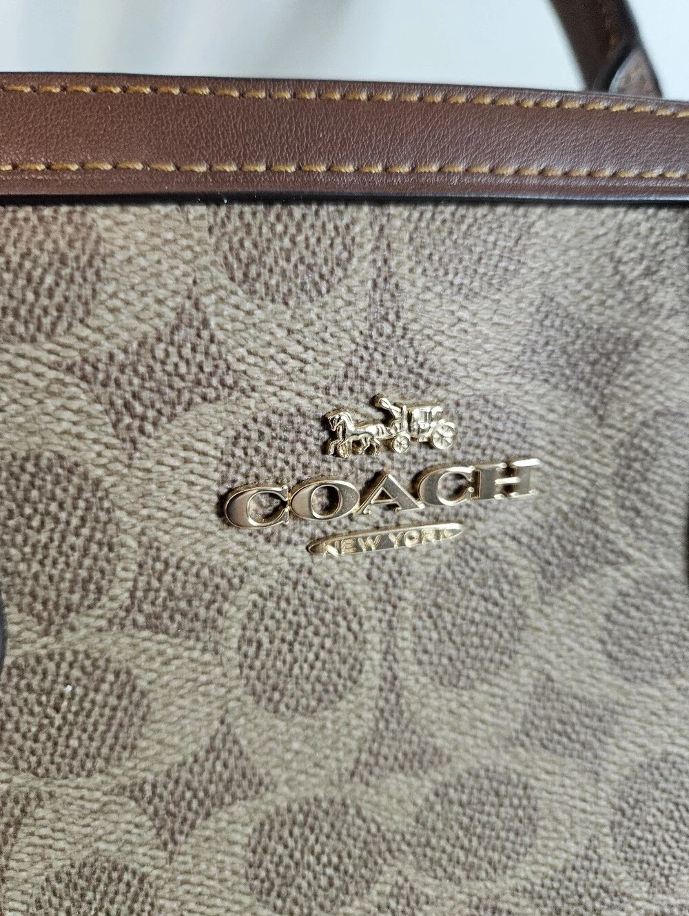 Coach Satchel OS Rowan Signature Canvas Crossbody Top Handle Gold Tan Brown